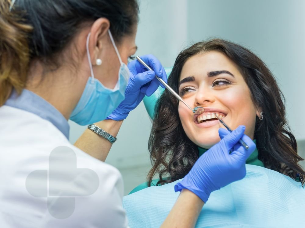 Illustrative dental examination with a mirror and dental instruments